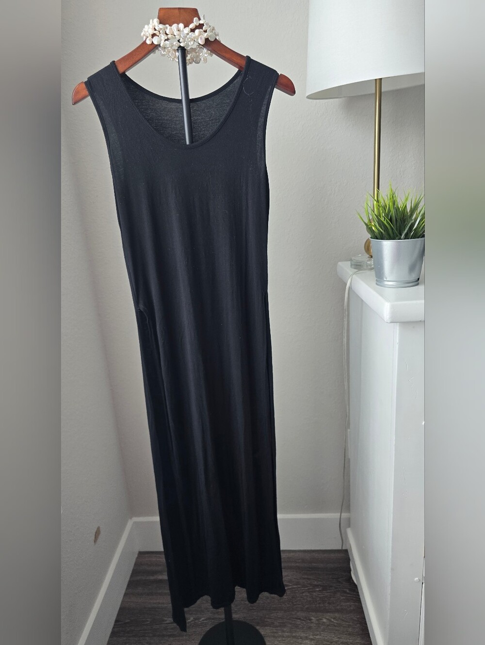 Black Long Tunic Maxi Dress Side Slit Sleeveless Flowy Boho Minimalist M L